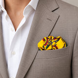 Paisley and Floral Mustard pocket square — light jacket · wearing detail.