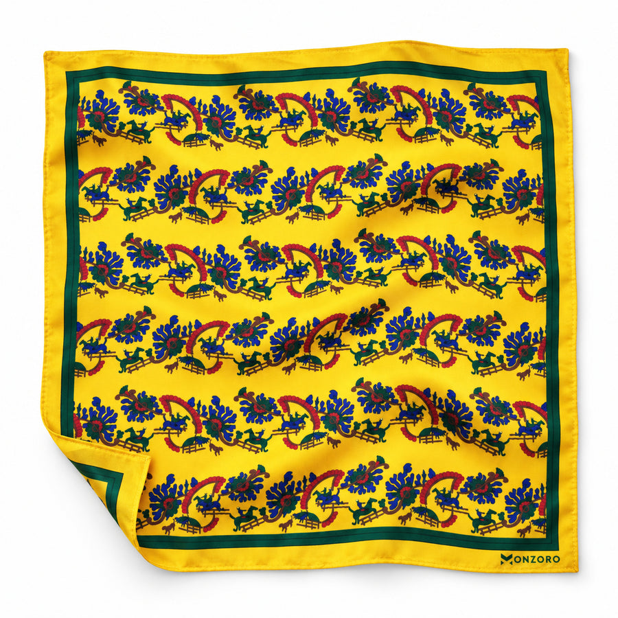 Paisley and Floral Mustard pocket square — unfolded studio detail.