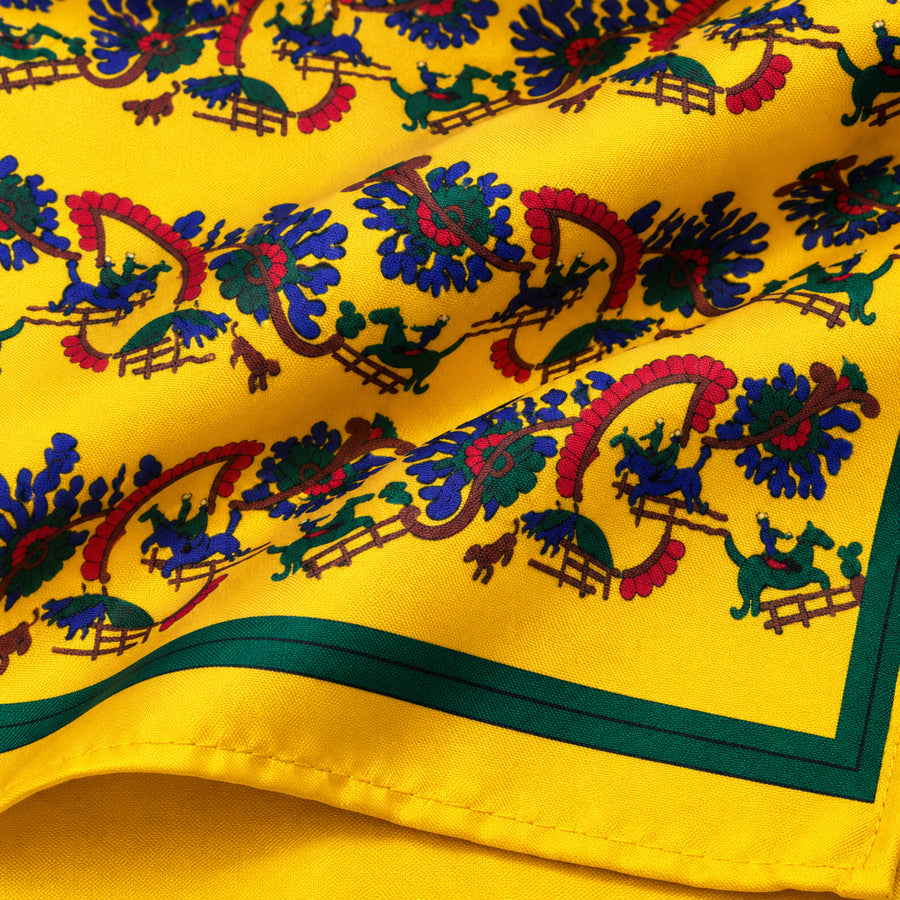 Paisley and Floral Mustard pocket square — fabric and design close-up.