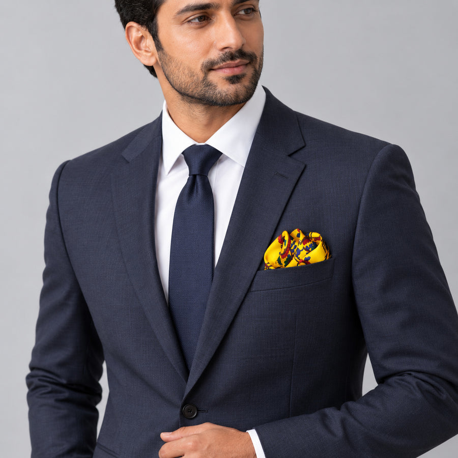Paisley and Floral Mustard pocket square — formal model · navy and tie.