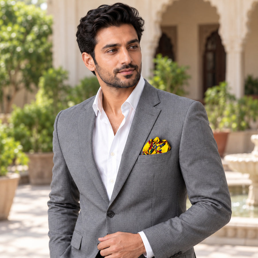 Paisley and Floral Mustard pocket square — outdoor lifestyle.
