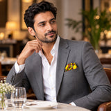 Paisley and Floral Mustard pocket square — restaurant lifestyle.