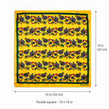 Paisley and Floral Mustard pocket square — size guide.