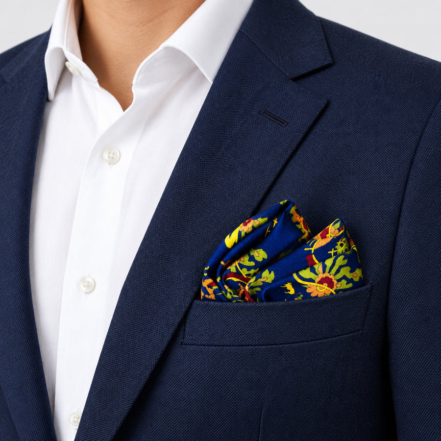 Navy Blue Paisley and Floral pocket square — navy jacket · alternate fold.