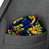 Navy Blue Paisley and Floral pocket square — close-up wearing detail.