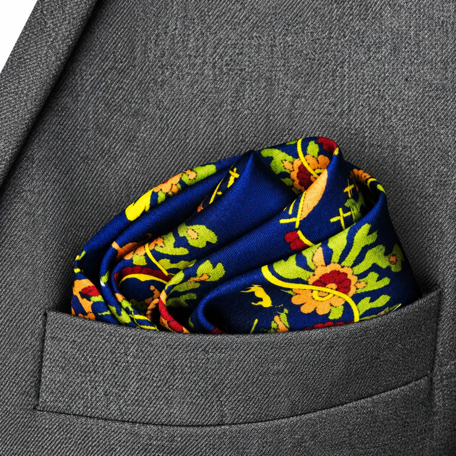 Navy Blue Paisley and Floral pocket square — close-up wearing detail.
