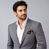 Navy Blue Paisley and Floral pocket square — model · light grey and open collar.