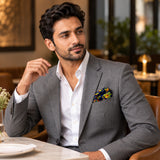 Navy Blue Paisley and Floral pocket square — restaurant lifestyle.