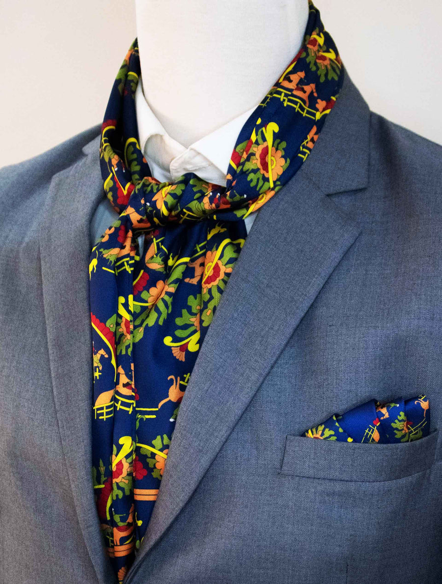 Paisley & Floral Navy Blue - Silk Scarf & Pocket Square Set - Combo Sets | Monzoro Pakistan
