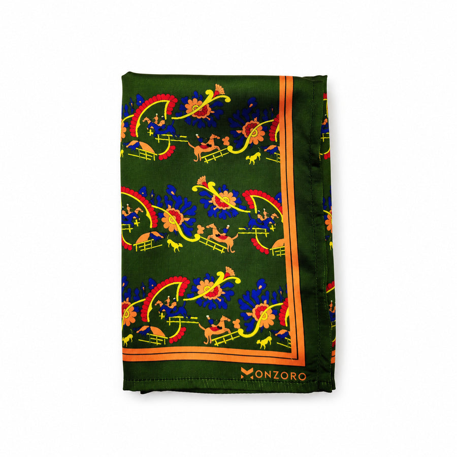 Olive Green Paisley and Floral pocket square — folded product.