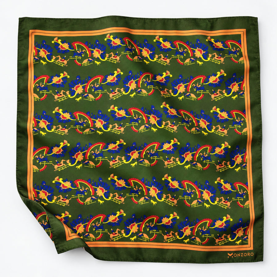 Olive Green Paisley and Floral pocket square — unfolded studio detail.