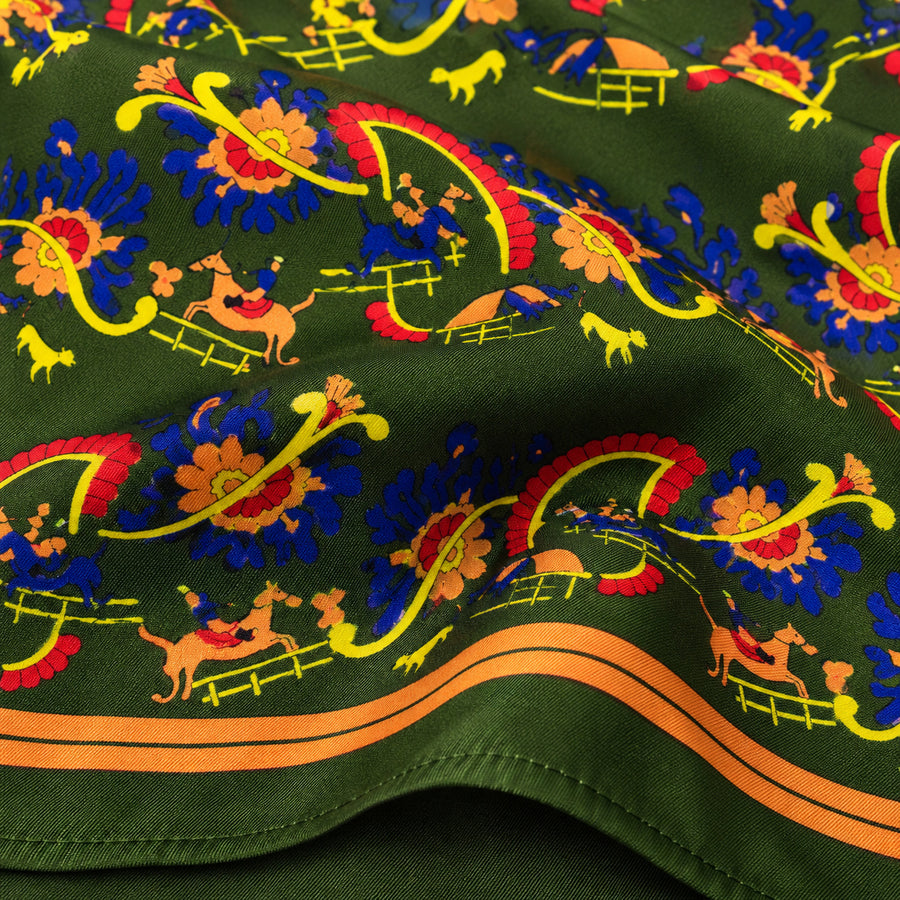 Olive Green Paisley and Floral pocket square — fabric and design close-up.