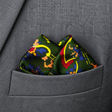 Olive Green Paisley and Floral pocket square — close-up wearing detail.