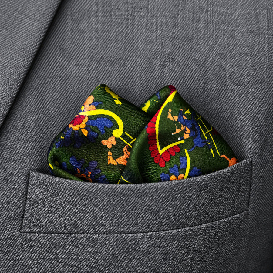 Olive Green Paisley and Floral pocket square — close-up wearing detail.