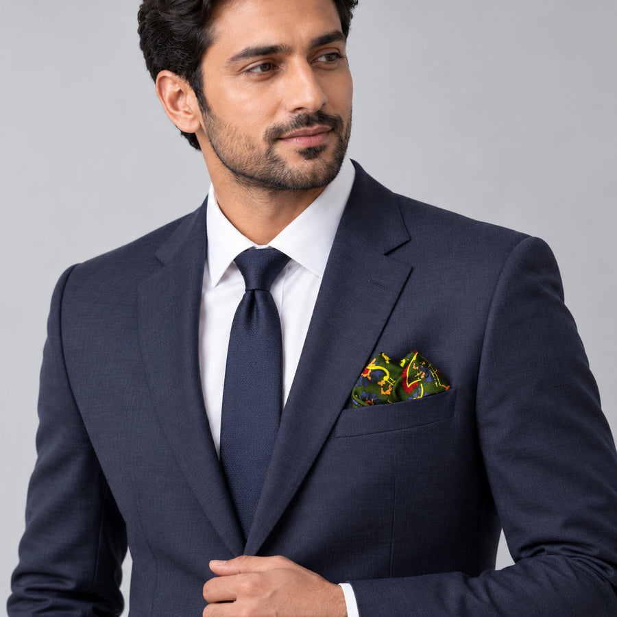 Olive Green Paisley and Floral pocket square — formal model · navy and tie.