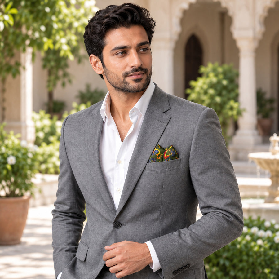 Olive Green Paisley and Floral pocket square — outdoor lifestyle.