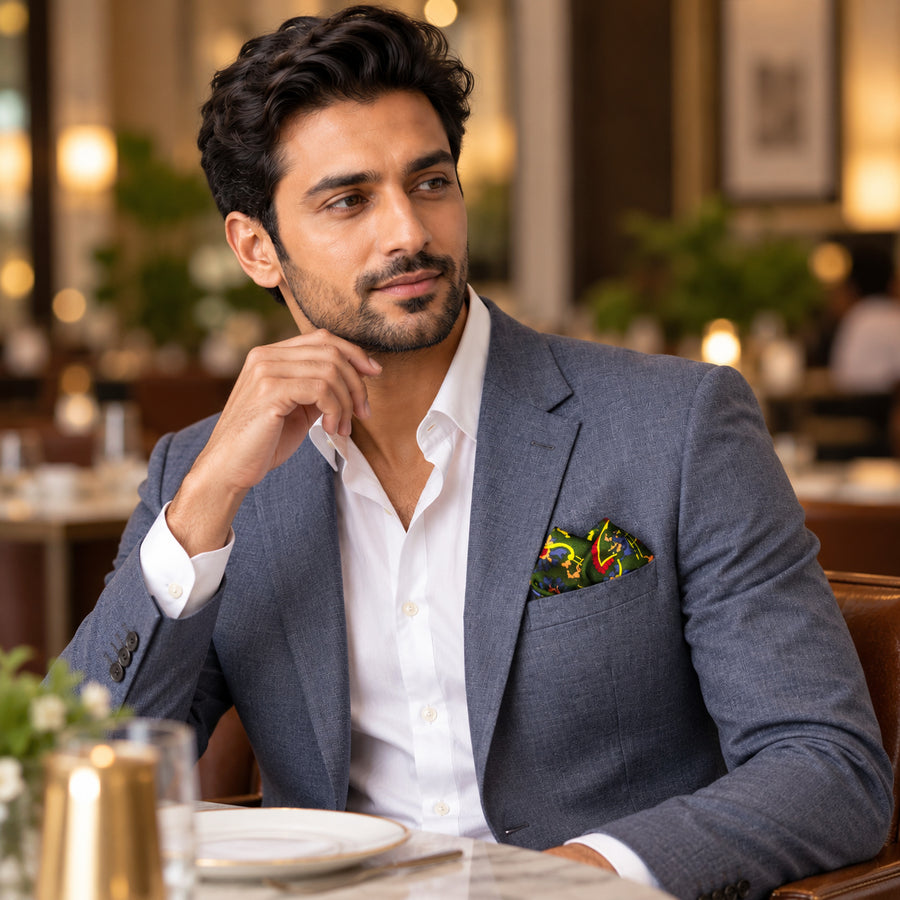 Olive Green Paisley and Floral pocket square — restaurant lifestyle.