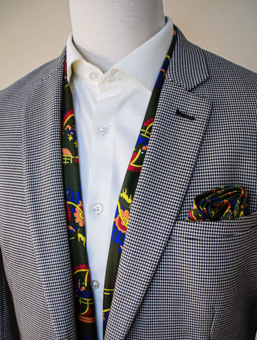 Paisley & Floral Olive Green - Silk Scarf & Pocket Square Set - Combo Sets | Monzoro Pakistan