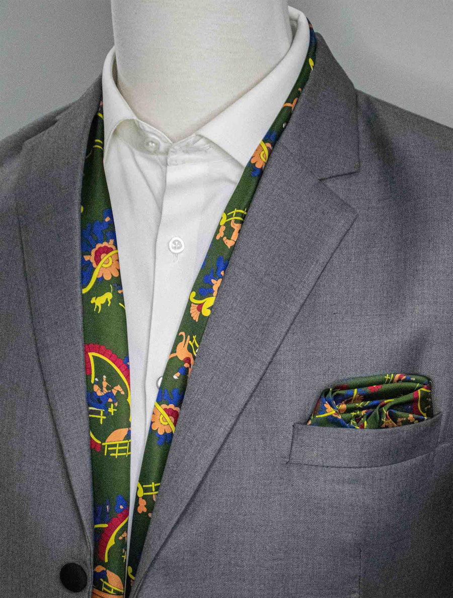 Paisley & Floral Olive Green - Silk Scarf & Pocket Square Set - Combo Sets | Monzoro Pakistan