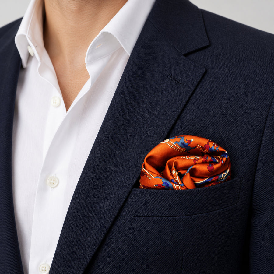 Rust Paisley and Floral pocket square — navy jacket · wearing detail.