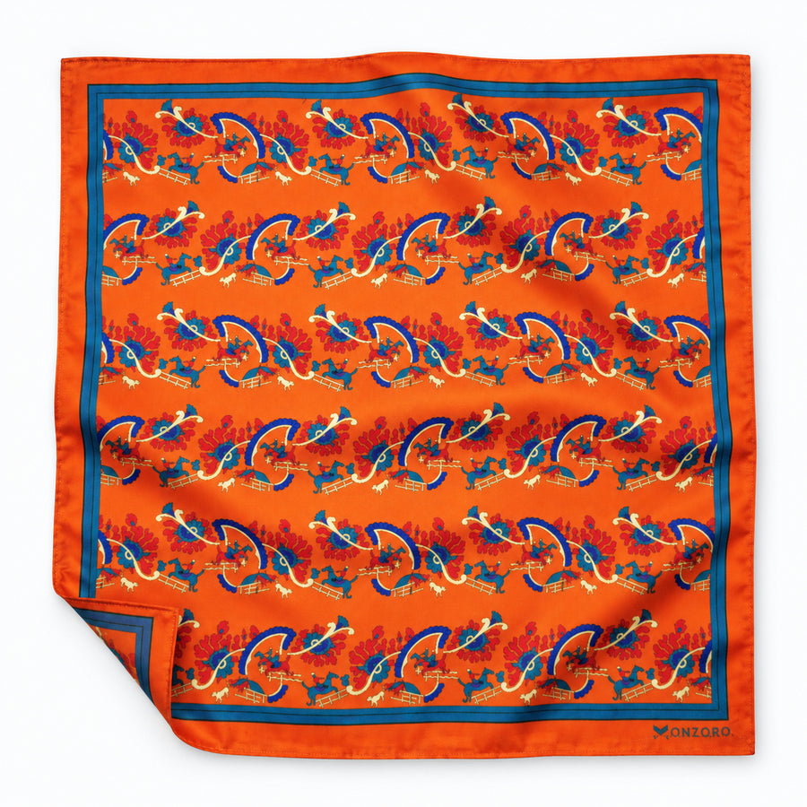 Rust Paisley and Floral pocket square — unfolded studio detail.
