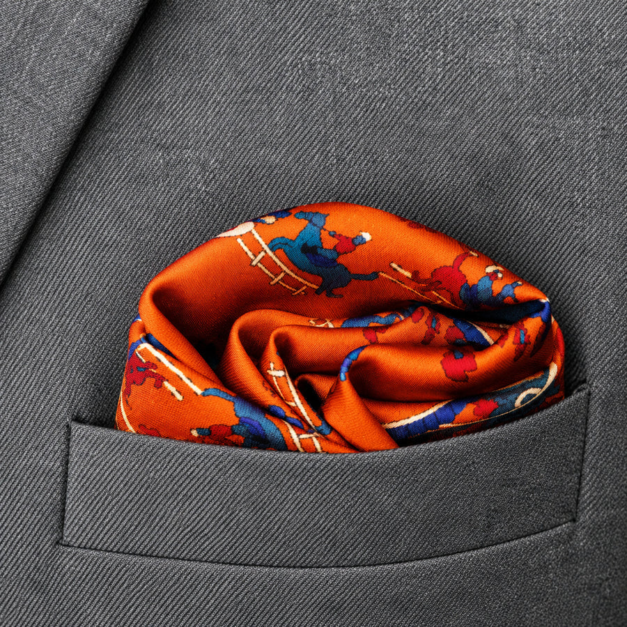 Rust Paisley and Floral pocket square — close-up wearing detail.