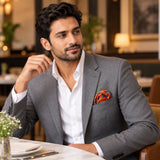 Rust Paisley and Floral pocket square — restaurant lifestyle.