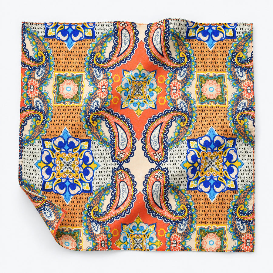Paisley Art Show pocket square — unfolded studio detail.