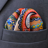 Paisley Art Show pocket square — close-up wearing detail.