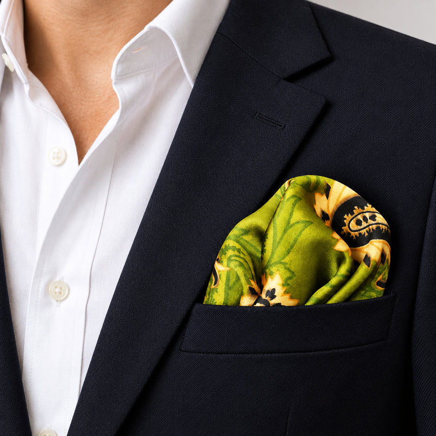 Paisley Passion pocket square — navy jacket · wearing detail.