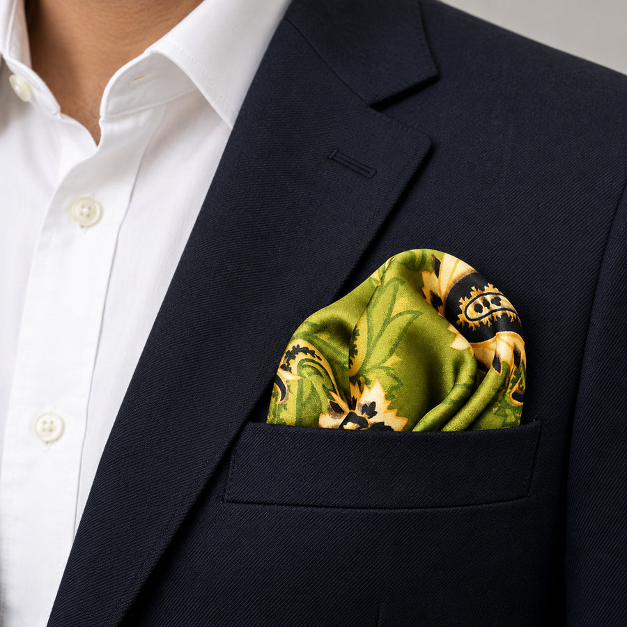 Paisley Passion pocket square — navy jacket · alternate fold.