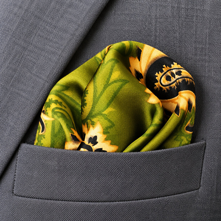 Paisley Passion pocket square — close-up wearing detail.