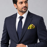 Paisley Passion pocket square — formal model · navy and tie.