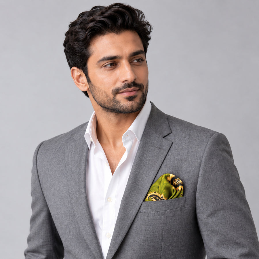 Paisley Passion pocket square — model · light grey and open collar.