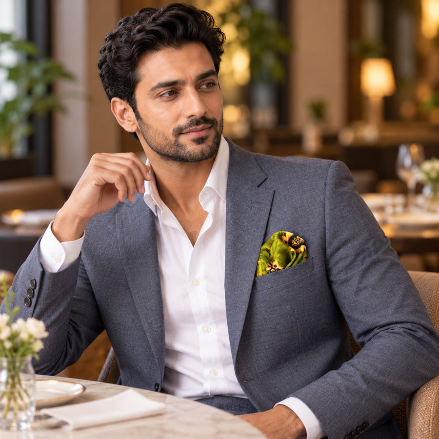 Paisley Passion pocket square — restaurant lifestyle.