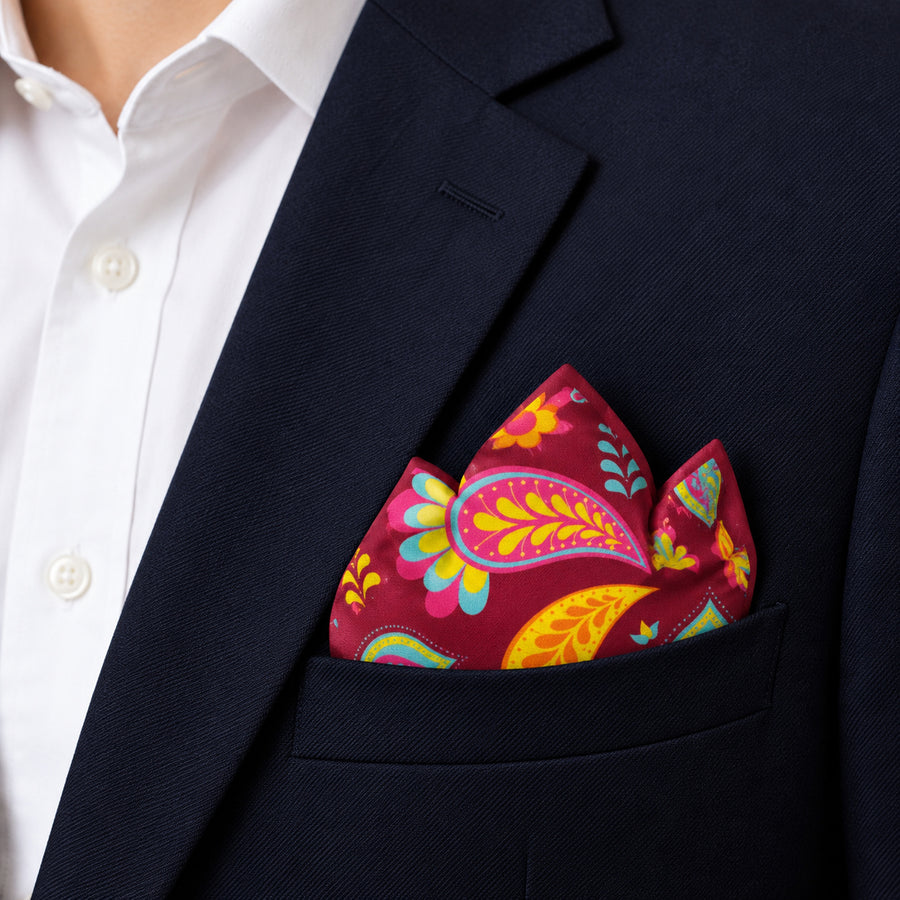 Paisley Shape pocket square — navy jacket · alternate fold.