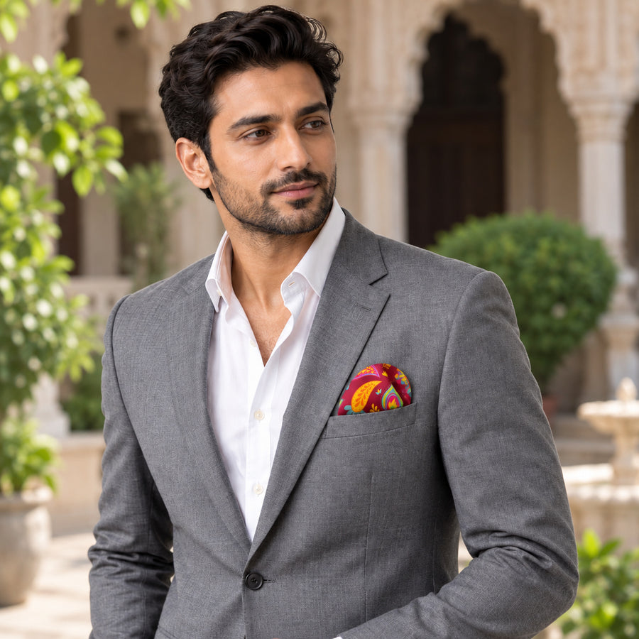 Paisley Shape pocket square — outdoor lifestyle.