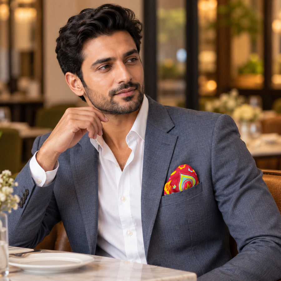 Paisley Shape pocket square — restaurant lifestyle.