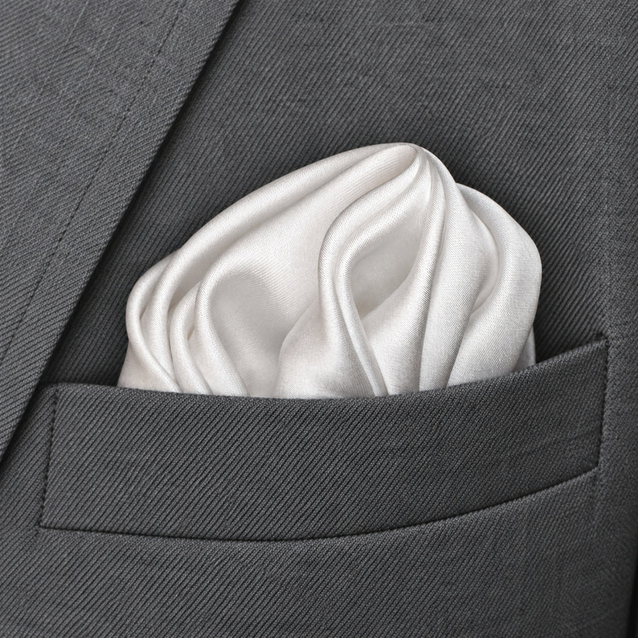 Pearl White Paradigm pocket square — close-up wearing detail.