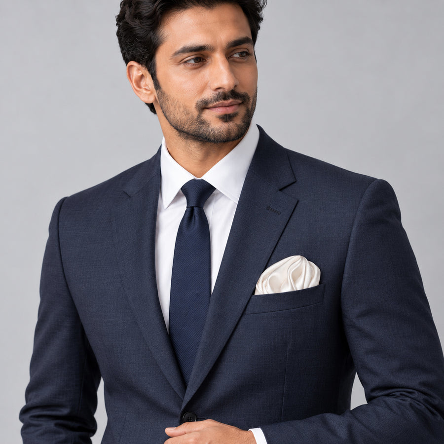 Pearl White Paradigm pocket square — formal model · navy and tie.