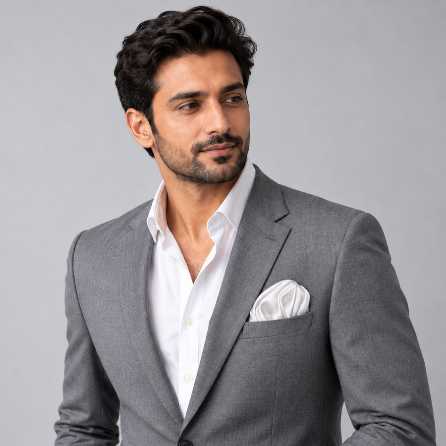 Pearl White Paradigm pocket square — model · light grey and open collar.