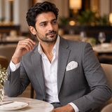 Pearl White Paradigm pocket square — restaurant lifestyle.
