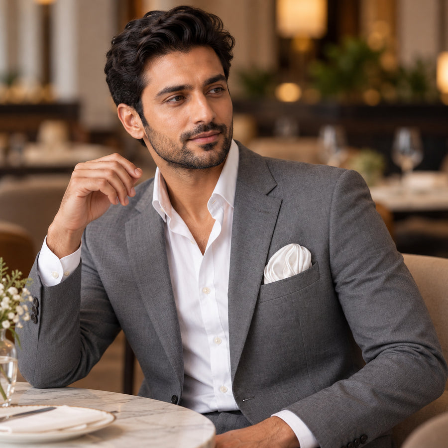 Pearl White Paradigm pocket square — restaurant lifestyle.