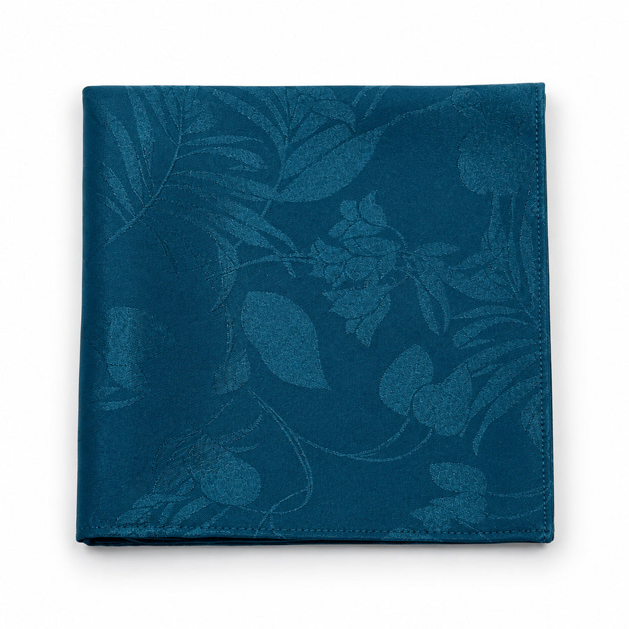 Petrol Blue Botanical Jacquard Silk Pocket Square — Folded product