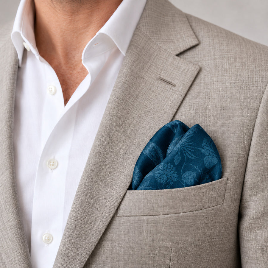 Petrol Blue Botanical Jacquard Silk Pocket Square — Light jacket · rounded puff