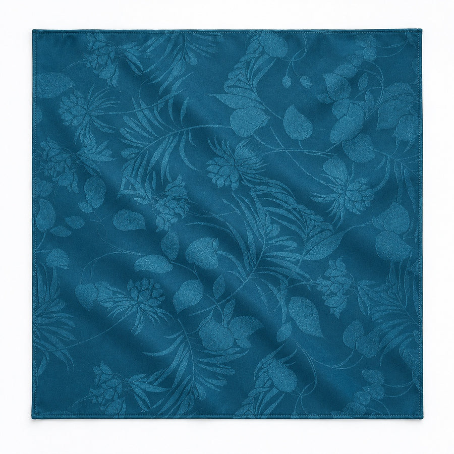 Petrol Blue Botanical Jacquard Silk Pocket Square — Unfolded studio detail