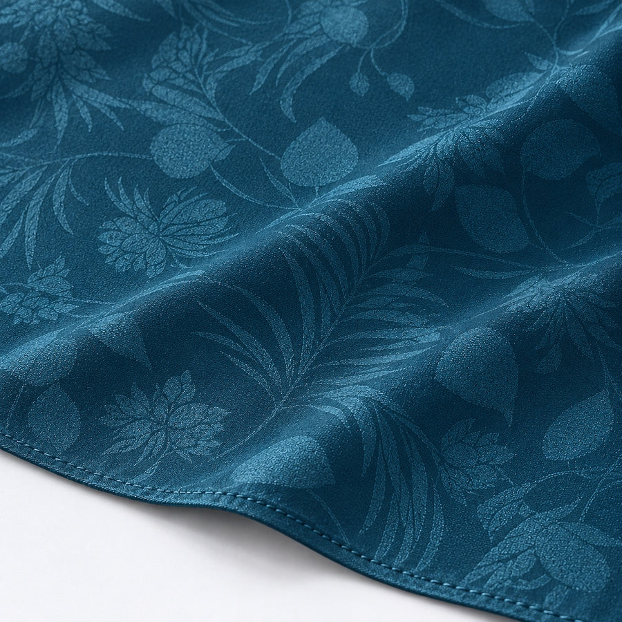 Petrol Blue Botanical Jacquard Silk Pocket Square — Fabric and design close-up