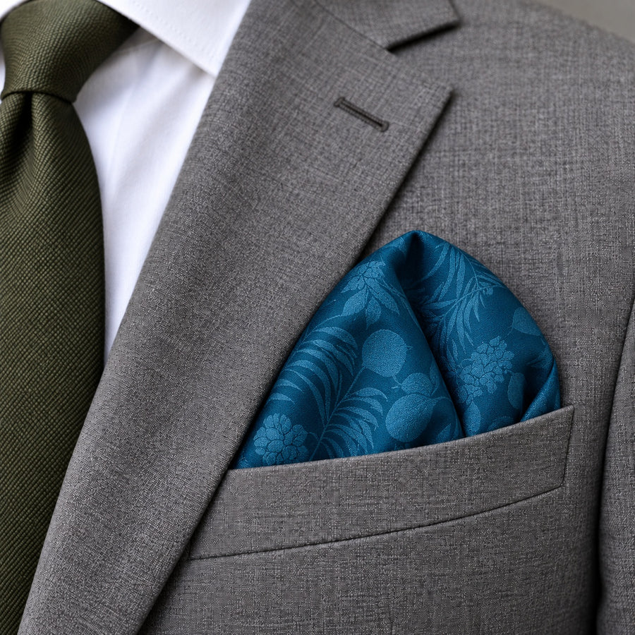 Petrol Blue Botanical Jacquard Silk Pocket Square — Close-up wearing detail