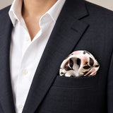 Pink and Grey pocket square — navy jacket · wearing detail.