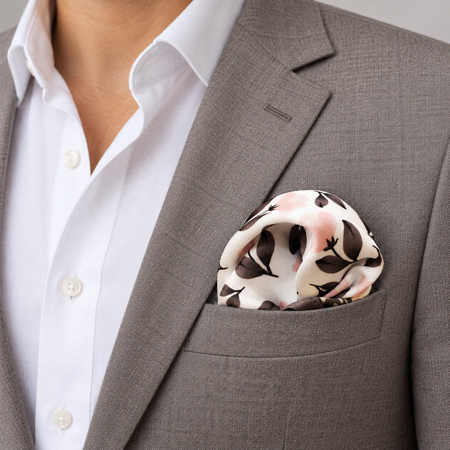 Pink and Grey pocket square — light jacket · wearing detail.